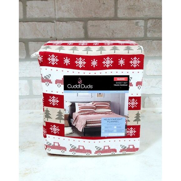 Cuddl Duds Heavyweight Cotton Flannel QUEEN Sheet Set Deep Fit Truck Fairisle - Picture 4 of 8
